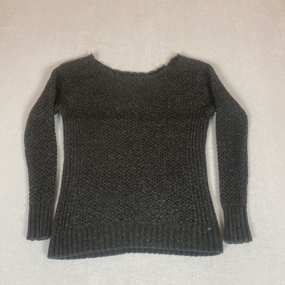 American Eagle Gray Chunky Knit Sweater Raw Hem Open Neckline Grunge Cozy